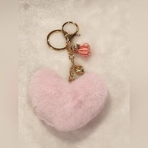 Pink Heart-Shaped Fluffy Keychain with Gold Accents Bag Charm